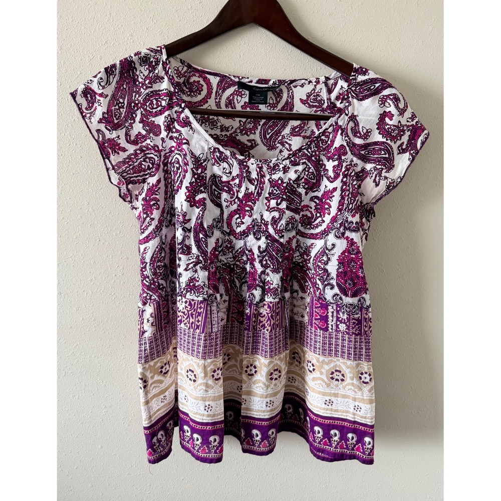 Calvin Klein Jeans Purple Paisley Cotton Blouse Cap Sleeve Top Petite Medium